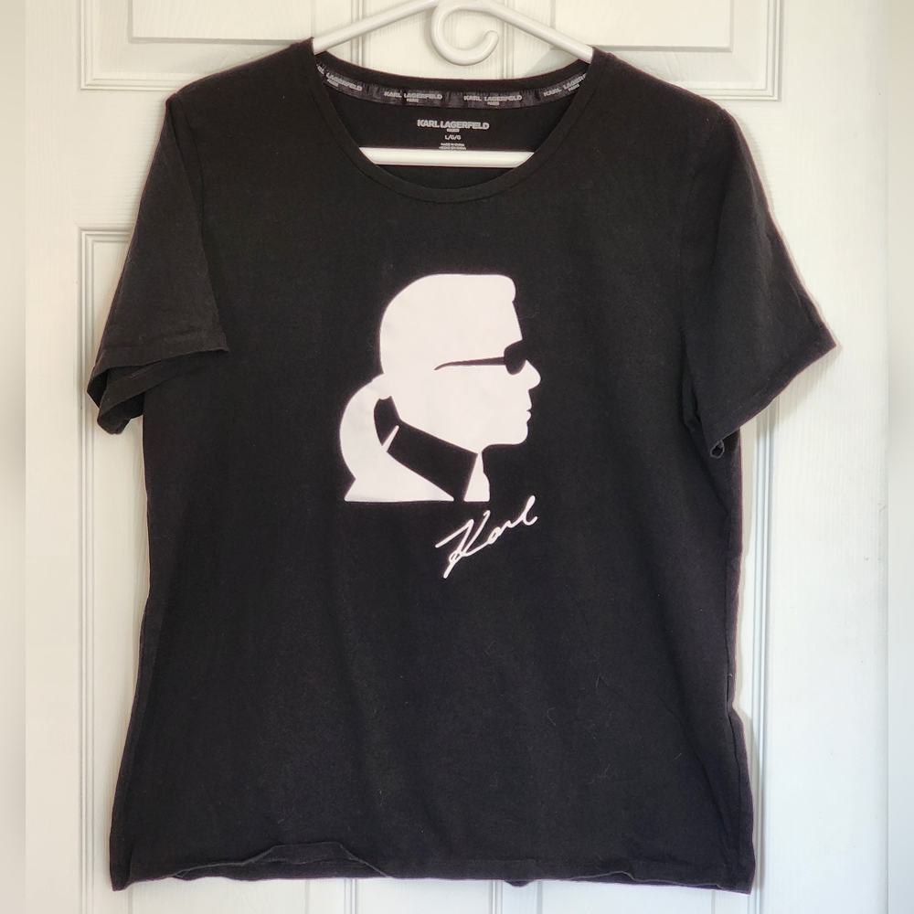 Karl Lagerfeld Womens T Shirt Black Short Sleeves Crew Neck Pullover Size L